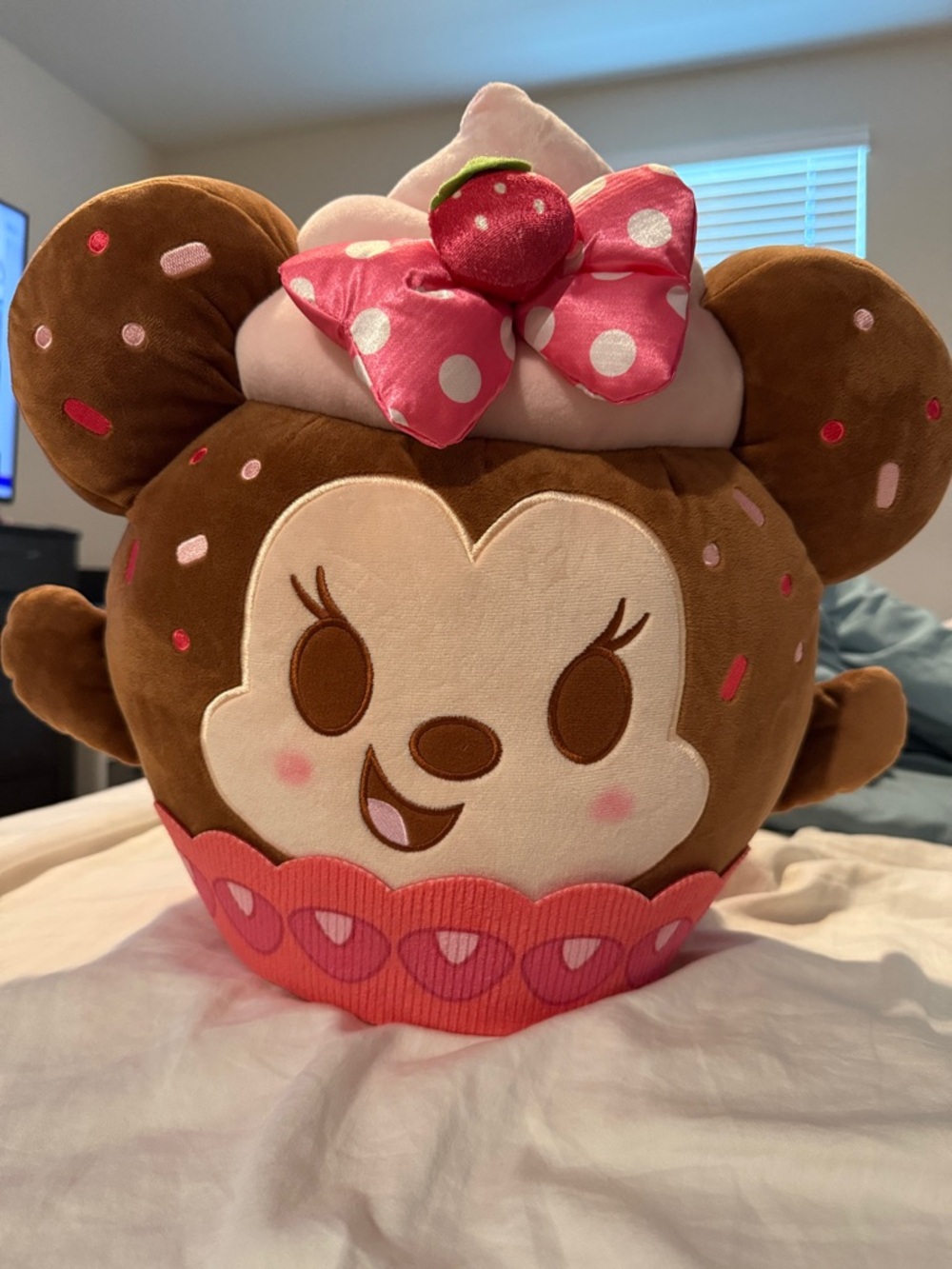 Disney Brown Dessert Bear Plush with Pink Bow and Strawberry